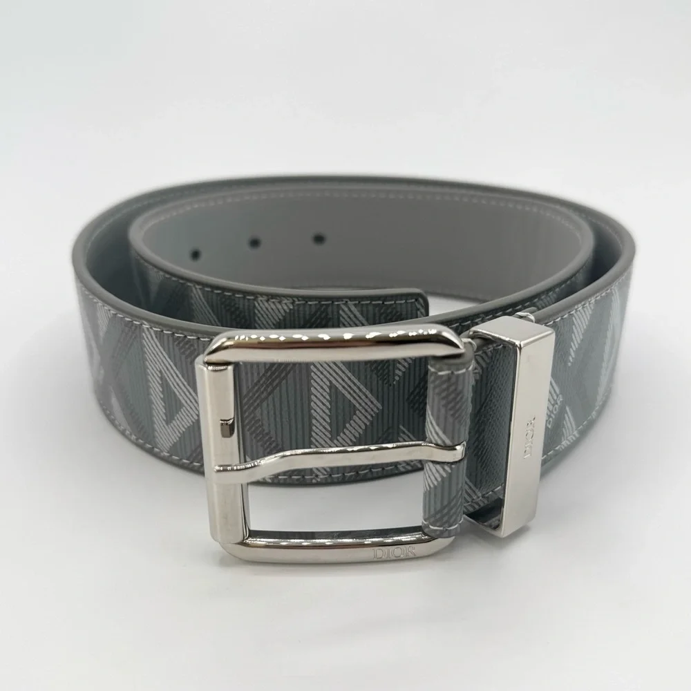 NEW Christian Dior CD Logo Diamond Grey Coated Canvas Calfskin Buckle Belt